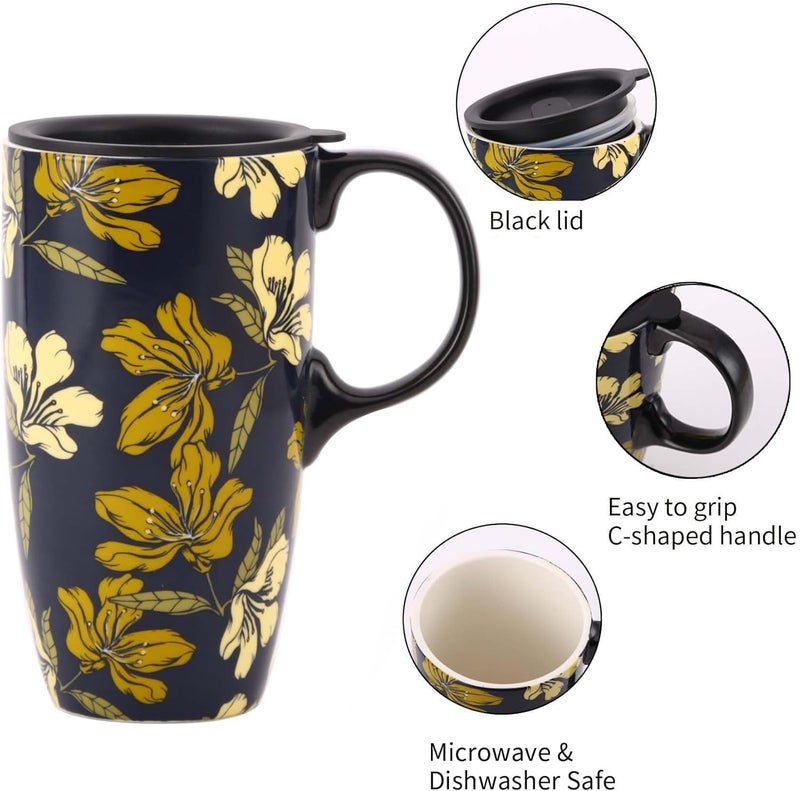 DUSVALLY Ceramic Mug Ceramic Coffee Mug Travel Mugs Porcelain Latte Tea Cup with Lid 17ozGifts for Mom - Image 3