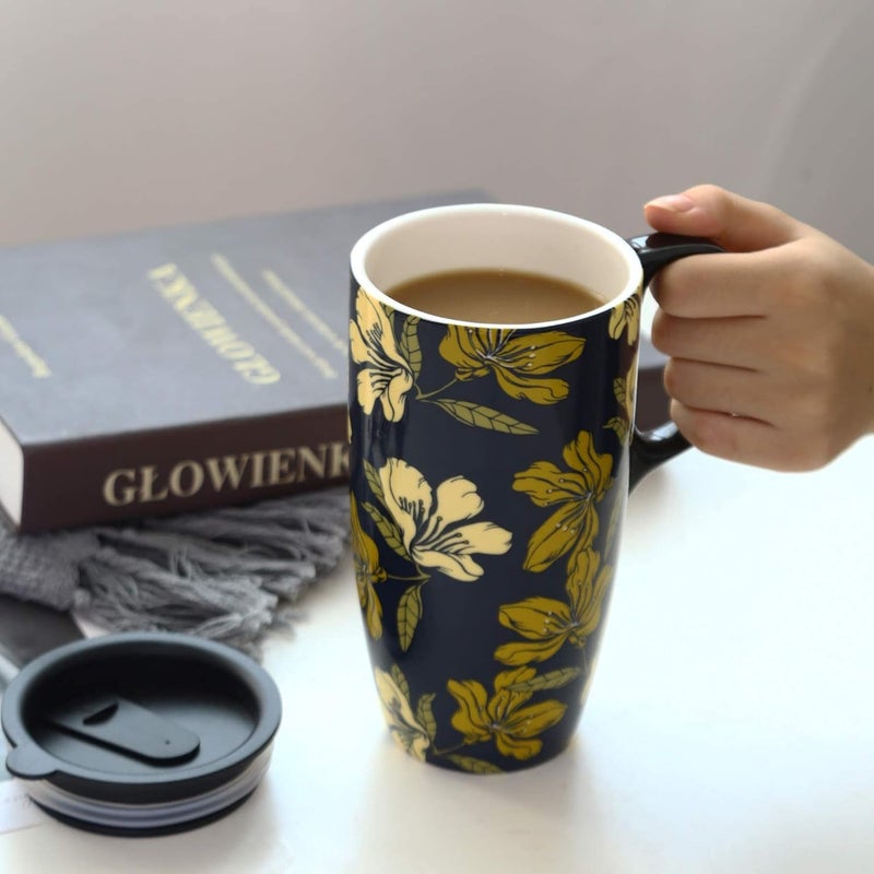 DUSVALLY Ceramic Mug Ceramic Coffee Mug Travel Mugs Porcelain Latte Tea Cup with Lid 17ozGifts for Mom - Image 5
