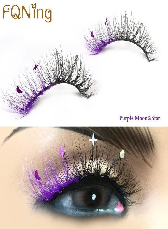 FQNing Glitter Eyelashes Sequins Moon Star Rhinestone Purple Color Lash Wispy 4 pairs for Ball, Dance, Party, Games (Purple Moon⋆) - Image 2