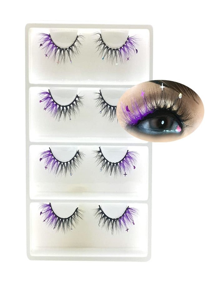 FQNing Glitter Eyelashes Sequins Moon Star Rhinestone Purple Color Lash Wispy 4 pairs for Ball, Dance, Party, Games (Purple Moon⋆) - Image 1