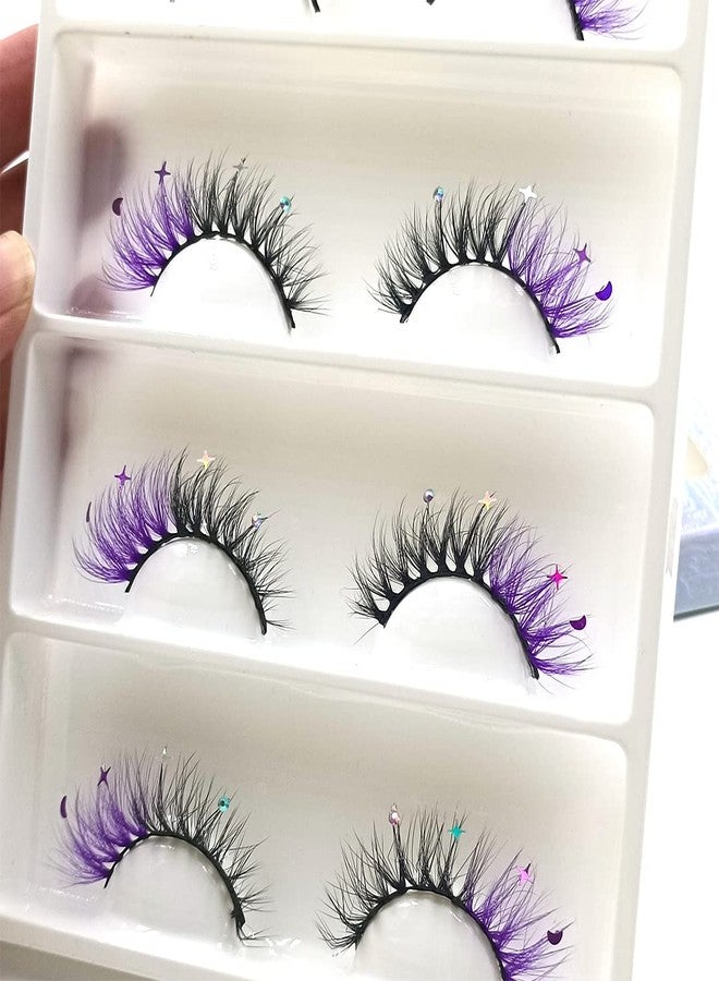 FQNing Glitter Eyelashes Sequins Moon Star Rhinestone Purple Color Lash Wispy 4 pairs for Ball, Dance, Party, Games (Purple Moon⋆) - Image 5