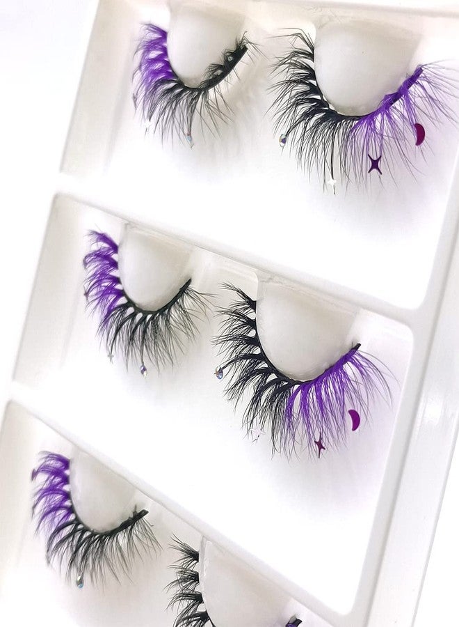 FQNing Glitter Eyelashes Sequins Moon Star Rhinestone Purple Color Lash Wispy 4 pairs for Ball, Dance, Party, Games (Purple Moon⋆) - Image 4