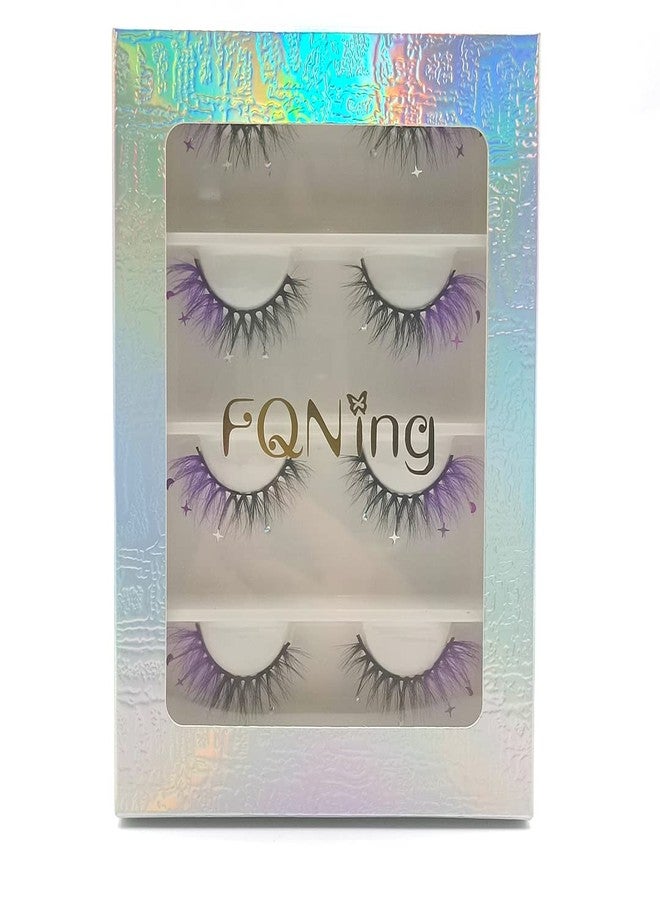 FQNing Glitter Eyelashes Sequins Moon Star Rhinestone Purple Color Lash Wispy 4 pairs for Ball, Dance, Party, Games (Purple Moon⋆) - Image 3