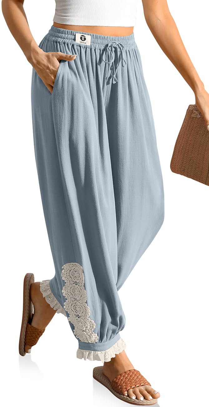 TARSE Womenâ€™s Linen Pants Loose Boho Beach Cropped Elastic Waist Summer Lantern for Vacation Pants with Pockets(LightGrayBlue, L) - Image 1