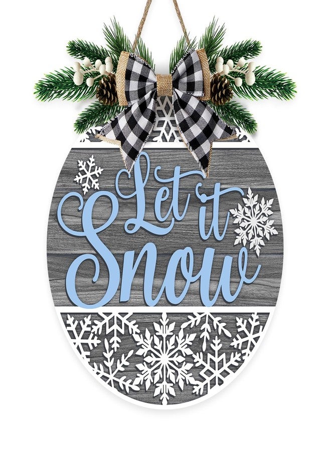 Bolisom Winter Snowflake Grey Front Door Sign, Let It Snow Wood Hanger Outdoor Outside Porch Home Decor, Farmhouse Christmas Wooden Wreath Indoor Wall Hanging Decoration with Plaid Bow - Image 1
