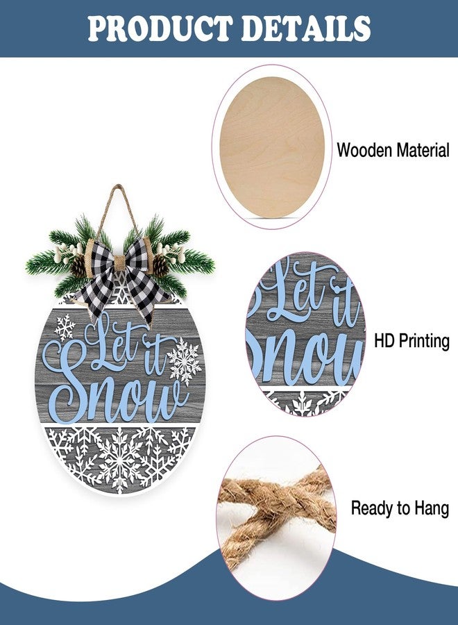 Bolisom Winter Snowflake Grey Front Door Sign, Let It Snow Wood Hanger Outdoor Outside Porch Home Decor, Farmhouse Christmas Wooden Wreath Indoor Wall Hanging Decoration with Plaid Bow - Image 3