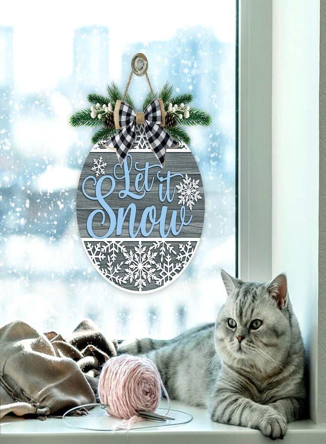 Bolisom Winter Snowflake Grey Front Door Sign, Let It Snow Wood Hanger Outdoor Outside Porch Home Decor, Farmhouse Christmas Wooden Wreath Indoor Wall Hanging Decoration with Plaid Bow - Image 5