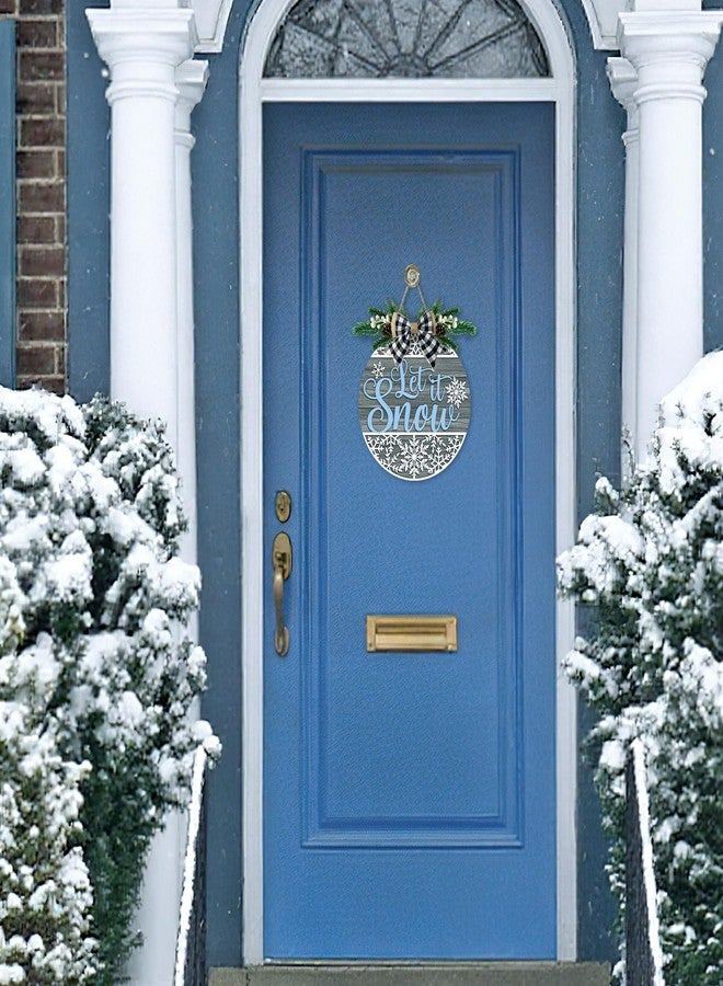 Bolisom Winter Snowflake Grey Front Door Sign, Let It Snow Wood Hanger Outdoor Outside Porch Home Decor, Farmhouse Christmas Wooden Wreath Indoor Wall Hanging Decoration with Plaid Bow - Image 4