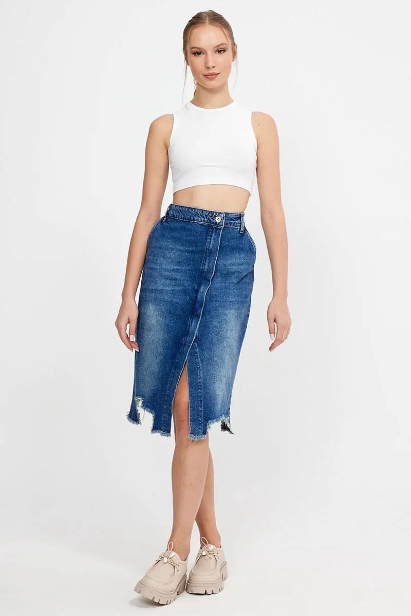 Alexander Gardi Special Collection Denim Skirt with Slit and Ripped Detail (2015)
