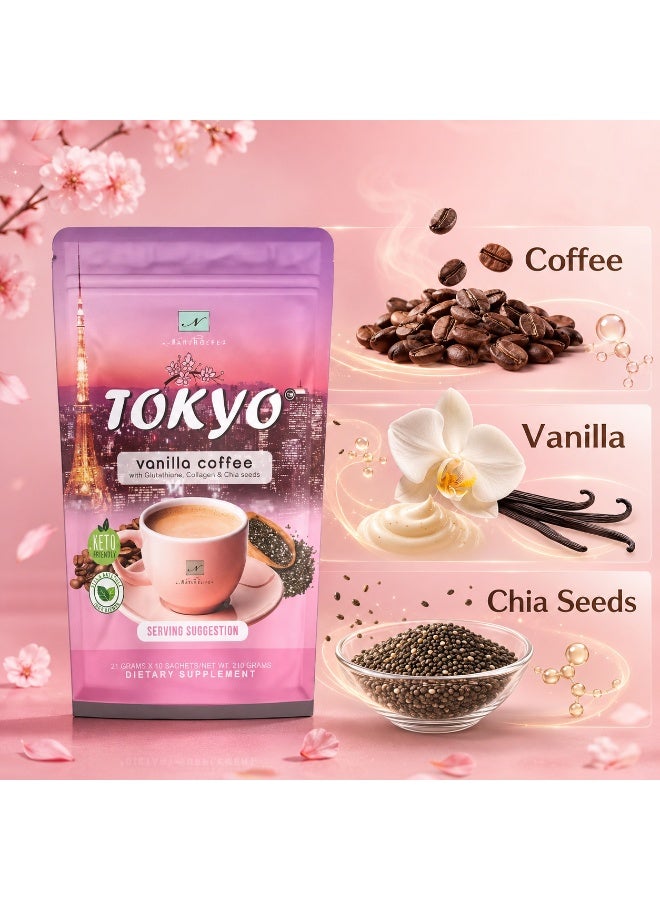 Tokyo Vanilla Coffee with Glutathione, Collagen & Chia Seeds, Keto Friendly Instant Coffee Sachets - Image 3