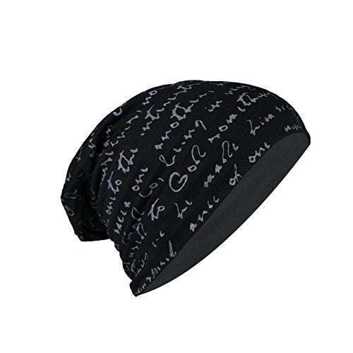 iSWEVEN Men's Beanies Cotton Slouchy Skull Summer Blended Free Size Black Beanie Cap for Men Women Boys (7013A-White Text) - Image 1