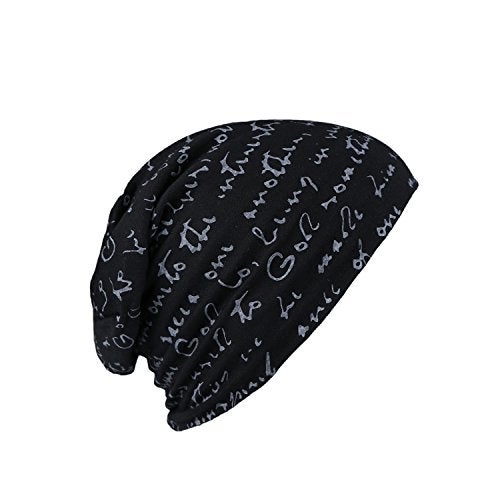 iSWEVEN Men's Beanies Cotton Slouchy Skull Summer Blended Free Size Black Beanie Cap for Men Women Boys (7013A-White Text) - Image 2