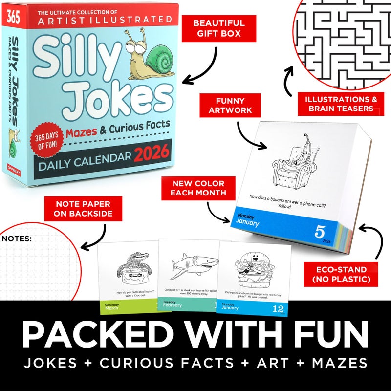 OFFBEAT Silly Jokes Daily Desk Calendar 2026 - Unique Fun Gift For Kids and Adults - 365 Jokes & Curious Facts, Educational, Fun Stocking Stuffers, Desk or Wall Calendar, Boys & Girls Lunchbox notes - Image 4