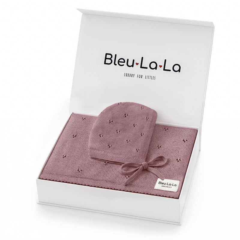 Bleu La La Baby Gift Set Organic Cotton Newborn Blanket Essentials Newborn Gift Baby Girl Gift Basket Pointelle Sugar Plum - Image 2