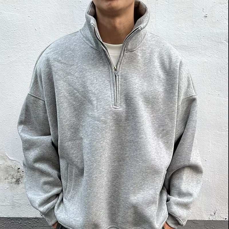 American Half-zip Stand-up Collar Sweatshirt for Men in Spring and Autum Trendy Brand Heavy Loose Casual Versatile Niche Design Jacket Gray 