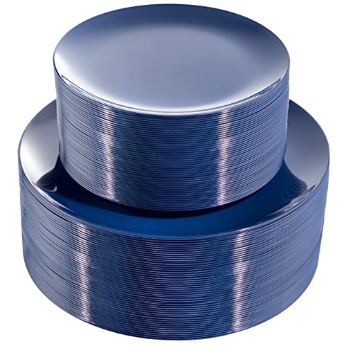 PULOTE 100PCS Blue Plastic Plates Heavy Duty Navy Blue Disposable Include 50PCS 1025inch Dinner 50PCS 75 inch DessertSalad Plates Ideal for Party Labor Day - Image 2