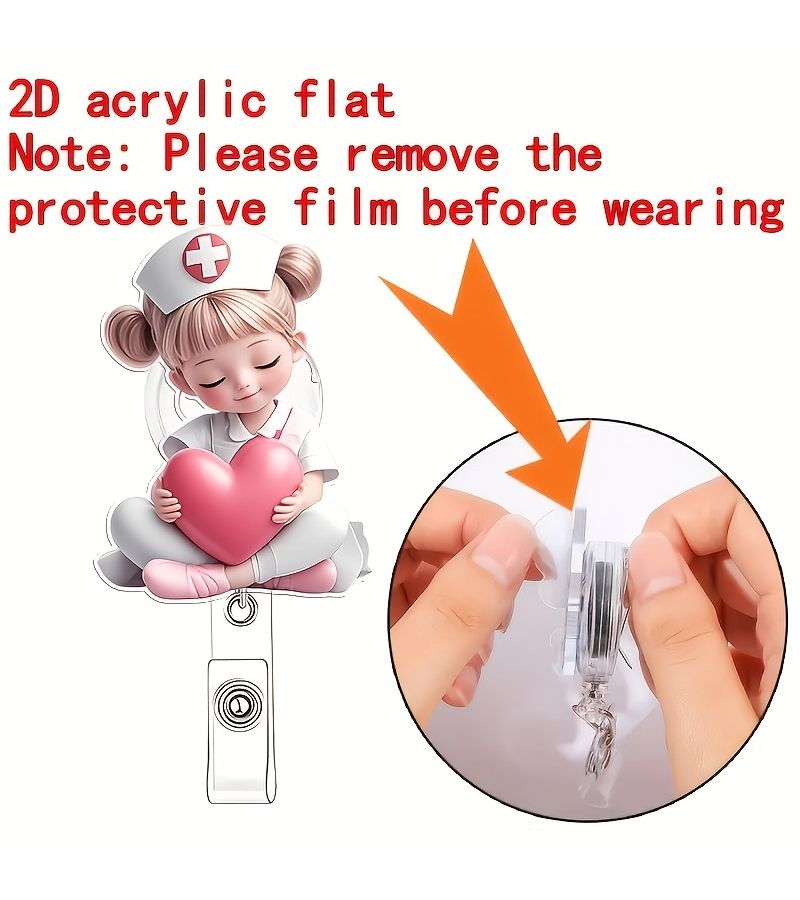 Pink Heart Little Girl 2D Flat Acrylic Retractable Badge Holder Nurse ID Lanyard For Medical Students Practitioners Workplace Identification Durable Pmma Material Nurse Accessory - Image 4