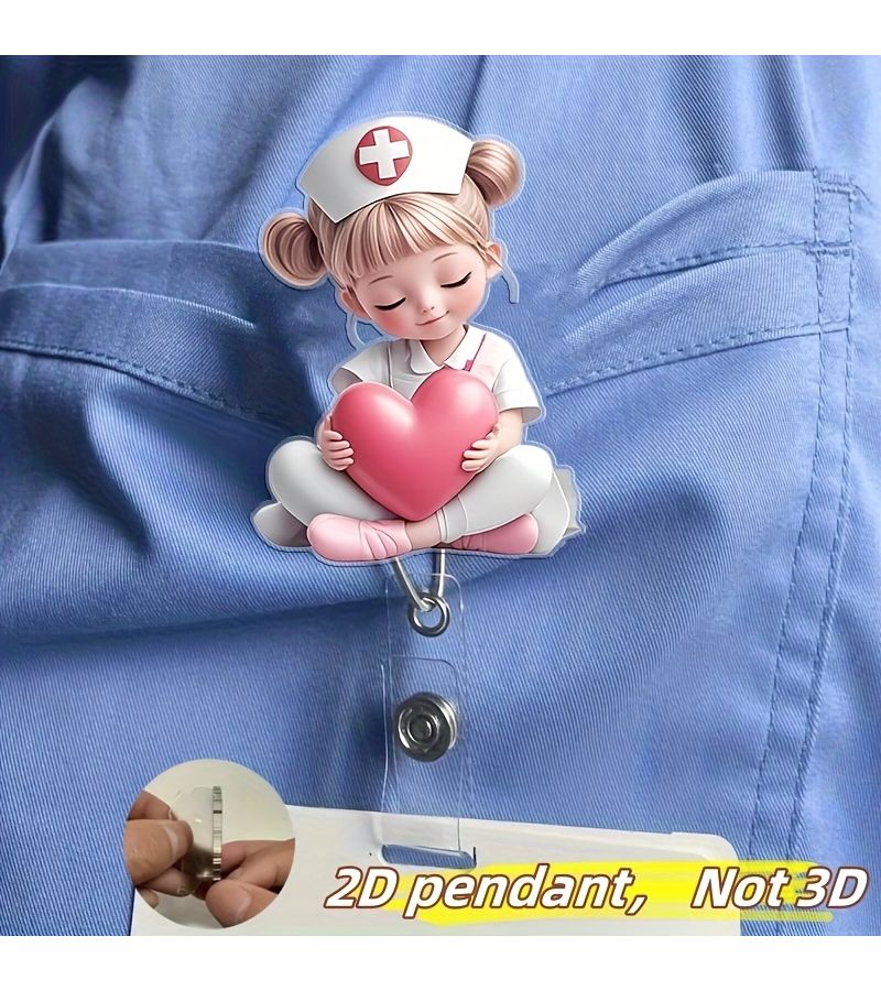 Pink Heart Little Girl 2D Flat Acrylic Retractable Badge Holder Nurse ID Lanyard For Medical Students Practitioners Workplace Identification Durable Pmma Material Nurse Accessory - Image 5