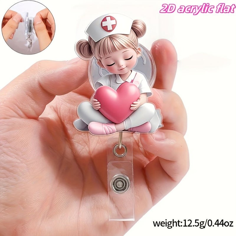 Pink Heart Little Girl 2D Flat Acrylic Retractable Badge Holder Nurse ID Lanyard For Medical Students Practitioners Workplace Identification Durable Pmma Material Nurse Accessory - Image 1