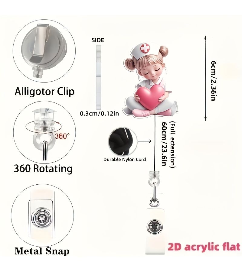 Pink Heart Little Girl 2D Flat Acrylic Retractable Badge Holder Nurse ID Lanyard For Medical Students Practitioners Workplace Identification Durable Pmma Material Nurse Accessory - Image 3