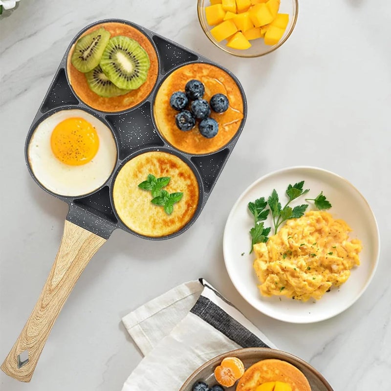 CLICKSY 4 Hole Non Stick Egg Frying pan with Detachable Wooden Handle,Multi Purpose Frying pan for Omelet uttapam idli Burger Poached Egg Kitchen Breakfast (1 pcs/Multicolor) - Image 2