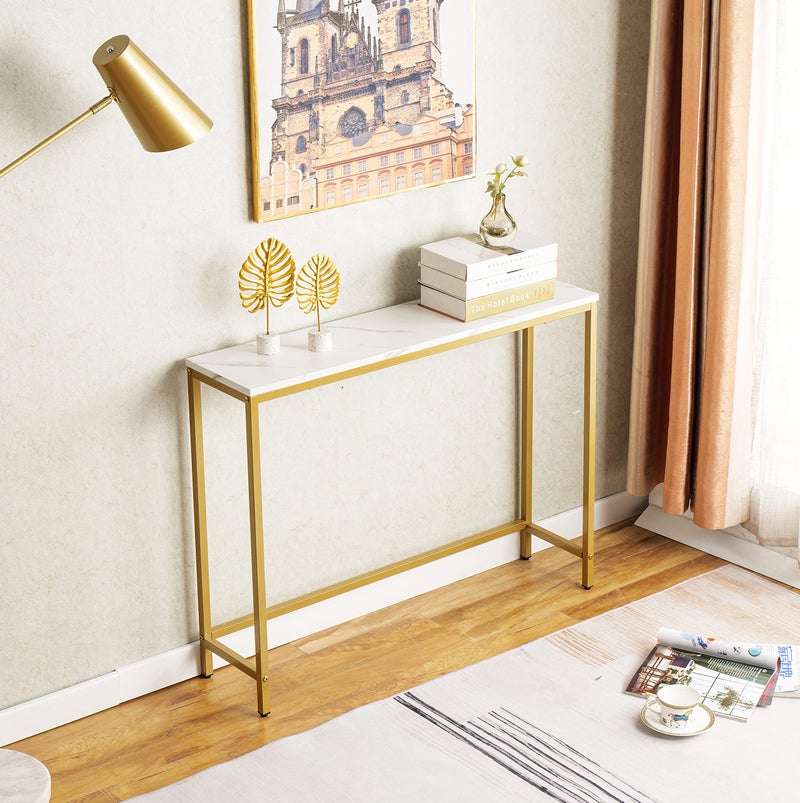 loglus Console Table for Entryway, Faux Marble MDF Sofa Table with Golden Frame (Single Layer, White Marble) - Image 5