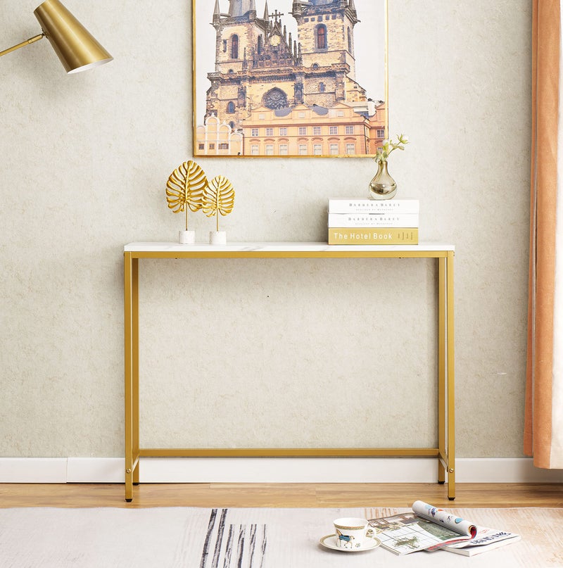 loglus Console Table for Entryway, Faux Marble MDF Sofa Table with Golden Frame (Single Layer, White Marble) - Image 2