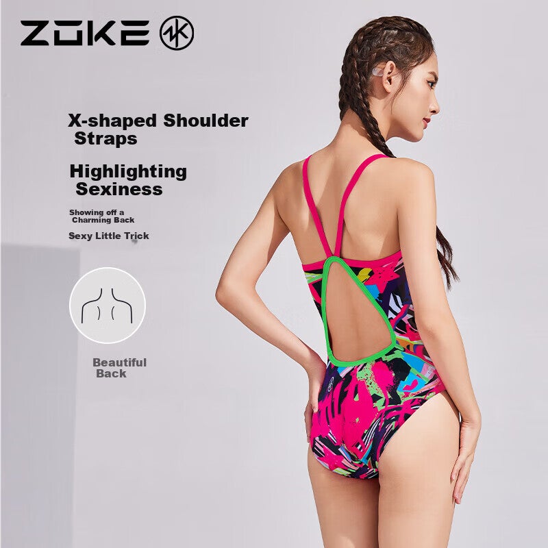 JD Jing Zao ZOKE Professional One-Piece Triangle Sports Training Hot Spring Tummy-Covering Slimming Women's Swimsuit 125501198 Graffiti Cat Flower XL - Image 1