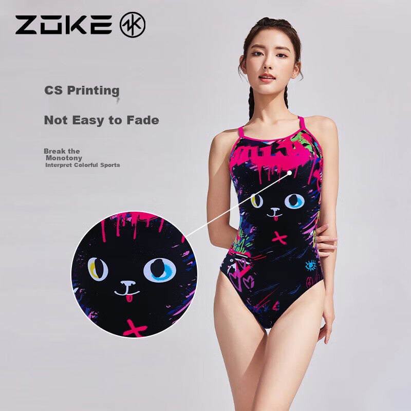 JD Jing Zao ZOKE Professional One-Piece Triangle Sports Training Hot Spring Tummy-Covering Slimming Women's Swimsuit 125501198 Graffiti Cat Flower XL - Image 2