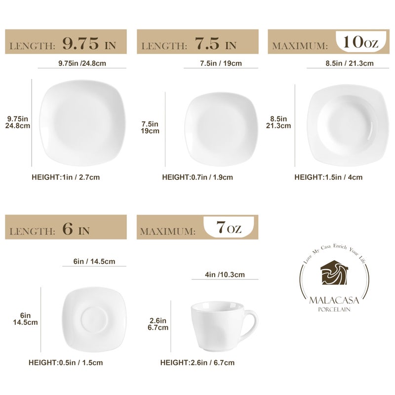 MALACASA 30 Piece Porcelain Dinnerware Set, Grey White Dish Set for 6, Square Ceramic Dishware Sets, Chip and Scratch Resistant Plates and Bowls Sets, Cups and Saucers, Series ELISA - Image 2