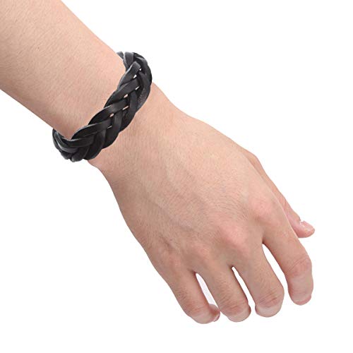 CCBFY Genuine Leather Bracelet Braided Sporty Wide Wristband Punk Jewelry for Men Women Black - Image 2