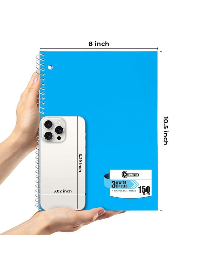Rosmonde 3 Subject Notebook Wide Ruled, 6 Pack, Long Lasting, Extra Pages - 300 Pages (150 Sheets), No-Bleed Thick Paper, 3 Hole Punched, 8x10-1/2, 3 Subject Spiral Notebook for School, Home & Office - Image 4
