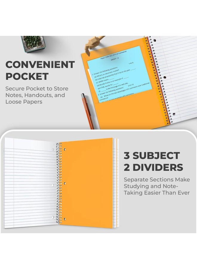 Rosmonde 3 Subject Notebook Wide Ruled, 6 Pack, Long Lasting, Extra Pages - 300 Pages (150 Sheets), No-Bleed Thick Paper, 3 Hole Punched, 8x10-1/2, 3 Subject Spiral Notebook for School, Home & Office - Image 3