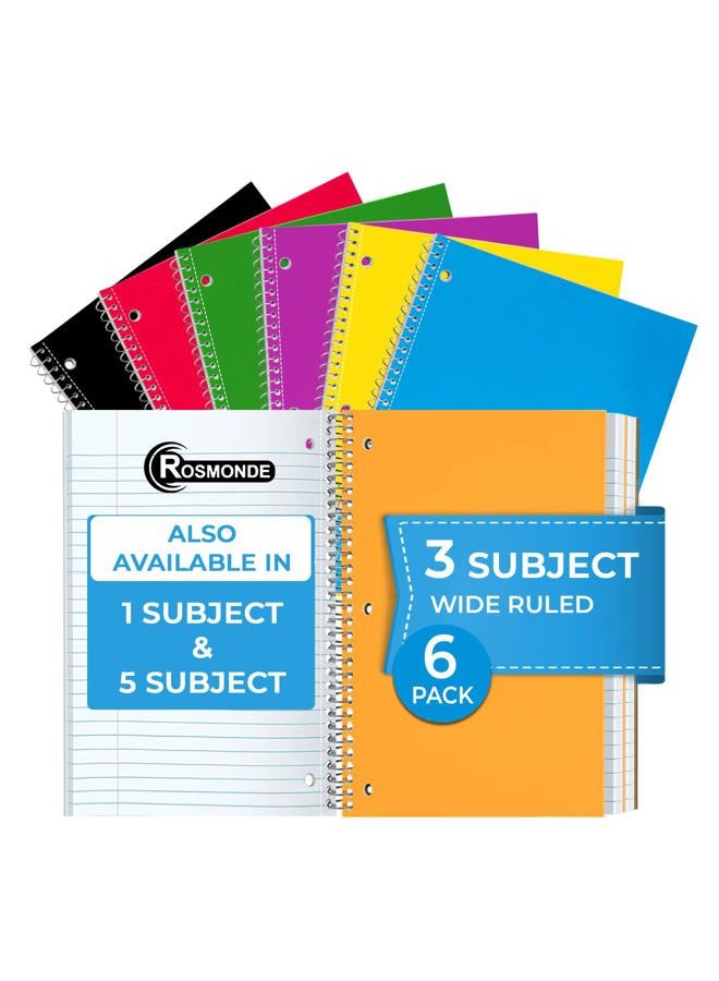 Rosmonde 3 Subject Notebook Wide Ruled, 6 Pack, Long Lasting, Extra Pages - 300 Pages (150 Sheets), No-Bleed Thick Paper, 3 Hole Punched, 8x10-1/2, 3 Subject Spiral Notebook for School, Home & Office - Image 1
