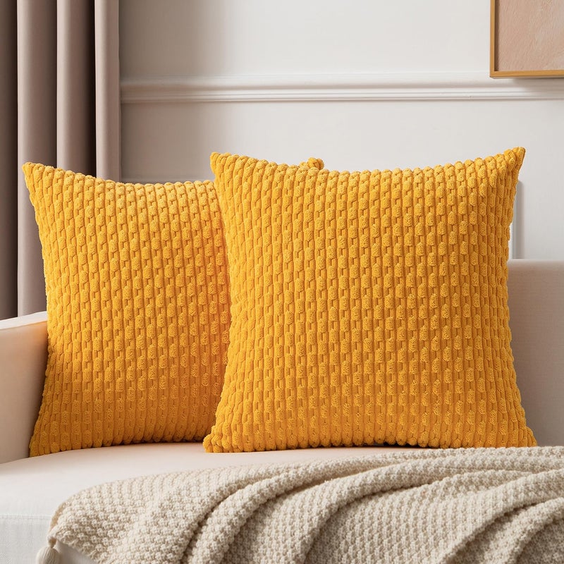 K KEVIN TEXTILE Kevin Textile Velvet Pillow Covers Striped Decorative Throw Cushion Case with Hidden Zipper for Home Couch/Bedroom 2 Pack (24x24 Inch Yellow)  - Image 1