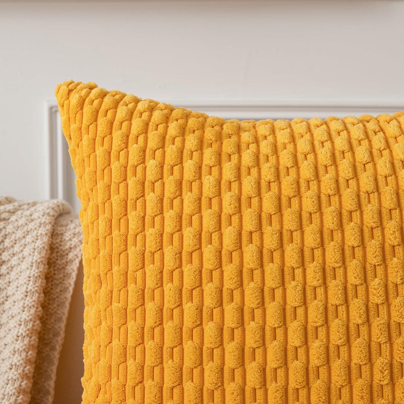 K KEVIN TEXTILE Kevin Textile Velvet Pillow Covers Striped Decorative Throw Cushion Case with Hidden Zipper for Home Couch/Bedroom 2 Pack (24x24 Inch Yellow)  - Image 3