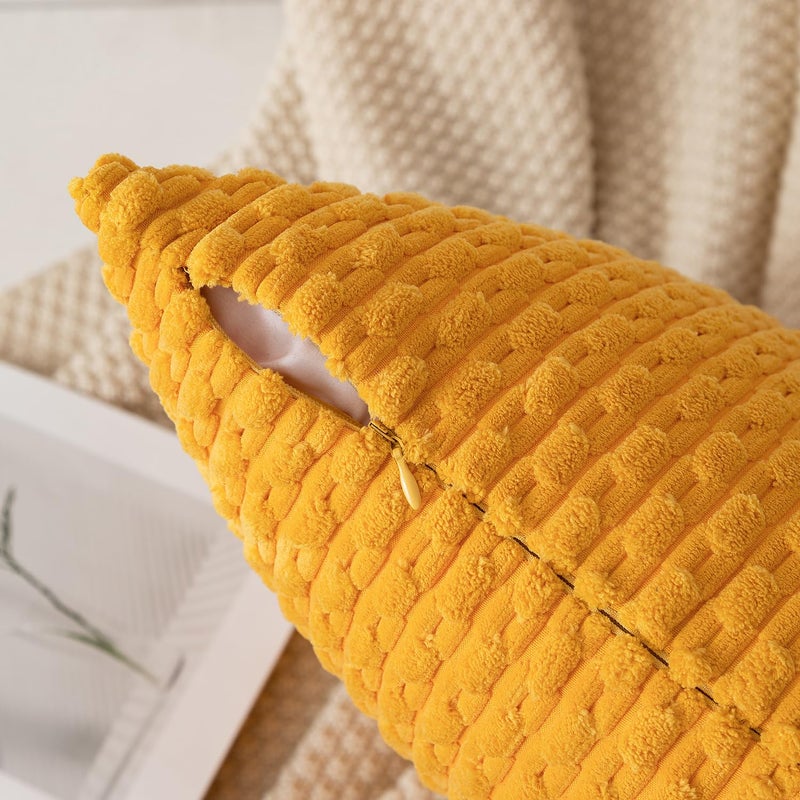 K KEVIN TEXTILE Kevin Textile Velvet Pillow Covers Striped Decorative Throw Cushion Case with Hidden Zipper for Home Couch/Bedroom 2 Pack (24x24 Inch Yellow)  - Image 2