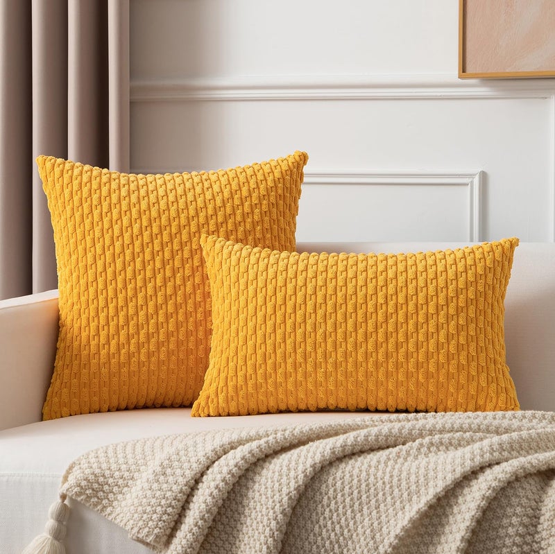 K KEVIN TEXTILE Kevin Textile Velvet Pillow Covers Striped Decorative Throw Cushion Case with Hidden Zipper for Home Couch/Bedroom 2 Pack (24x24 Inch Yellow)  - Image 4