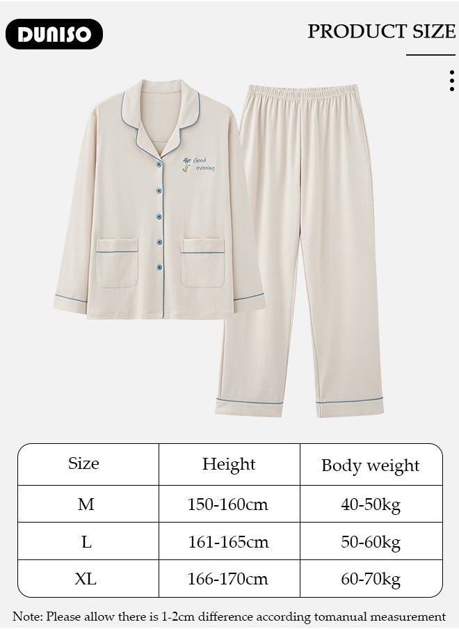 DUNISO Women's Pajama Set,Long Sleeve Top with pants 2 Piece Casual Outfits Set,Long Sleeve Button Down Shirt Wide Leg Pants Sleepwear Loungewear Cotton Ladies Soft Pjs Lounge Set  - Image 4