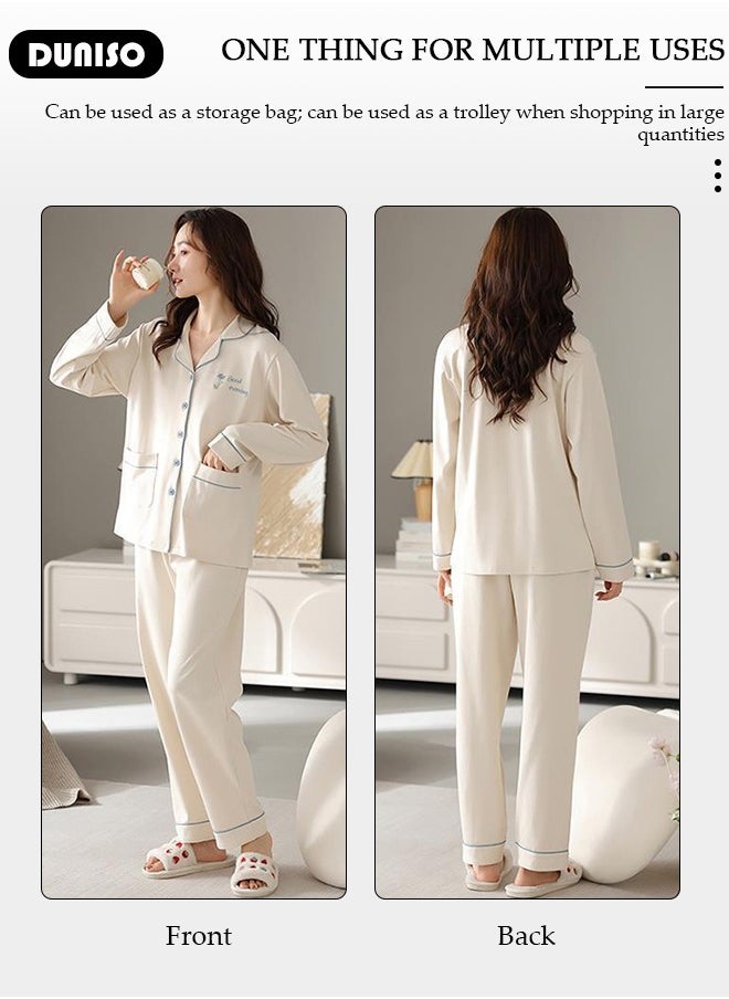 DUNISO Women's Pajama Set,Long Sleeve Top with pants 2 Piece Casual Outfits Set,Long Sleeve Button Down Shirt Wide Leg Pants Sleepwear Loungewear Cotton Ladies Soft Pjs Lounge Set  - Image 3