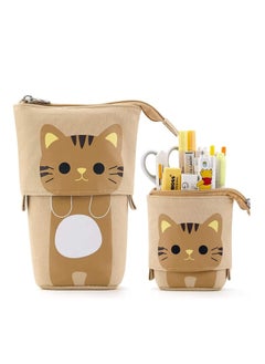 Pencil Pouch Canvas Pen Bag Standing Stationery Case Holder Box, Cute Pencil Case Standing Telescopic Pen Holder College office Organizer for Student (Brown)