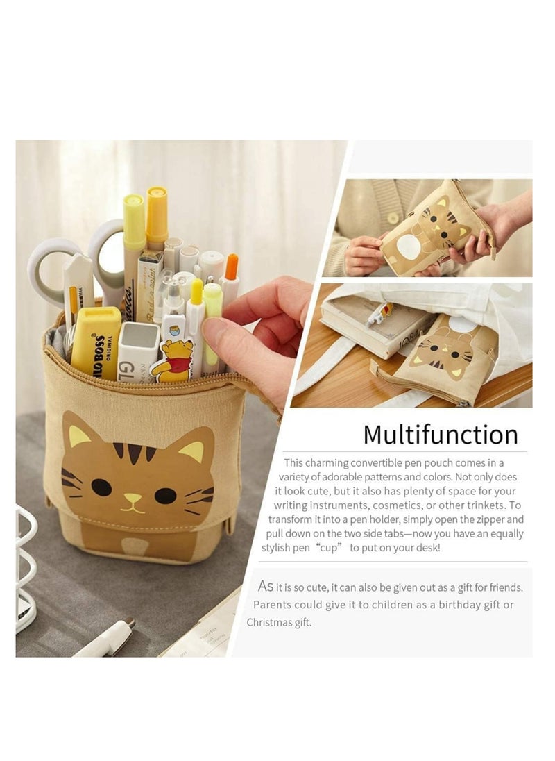 ULHYC - Pencil Pouch Canvas Pen Bag Standing Stationery Case Holder Box, Cute Pencil Case Standing Telescopic Pen Holder College office Organizer for Student (Brown) - Image 1