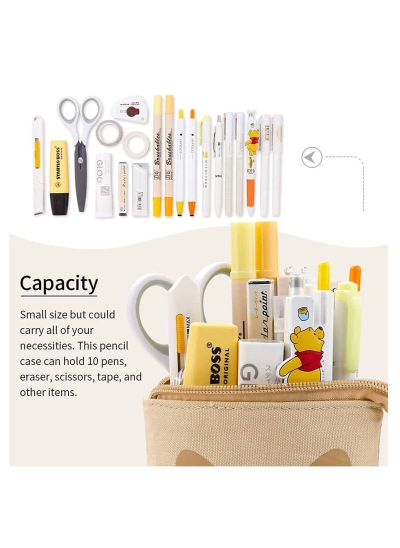 ULHYC - Pencil Pouch Canvas Pen Bag Standing Stationery Case Holder Box, Cute Pencil Case Standing Telescopic Pen Holder College office Organizer for Student (Brown) - Image 1