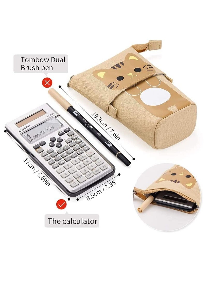 ULHYC - Pencil Pouch Canvas Pen Bag Standing Stationery Case Holder Box, Cute Pencil Case Standing Telescopic Pen Holder College office Organizer for Student (Brown) - Image 1