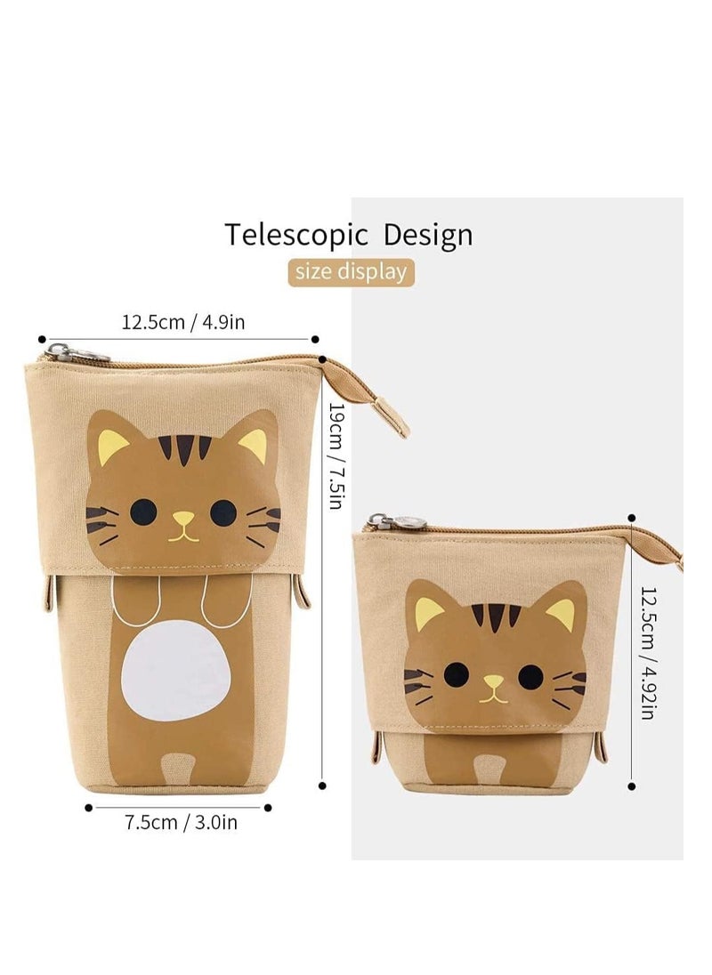 ULHYC - Pencil Pouch Canvas Pen Bag Standing Stationery Case Holder Box, Cute Pencil Case Standing Telescopic Pen Holder College office Organizer for Student (Brown) - Image 1