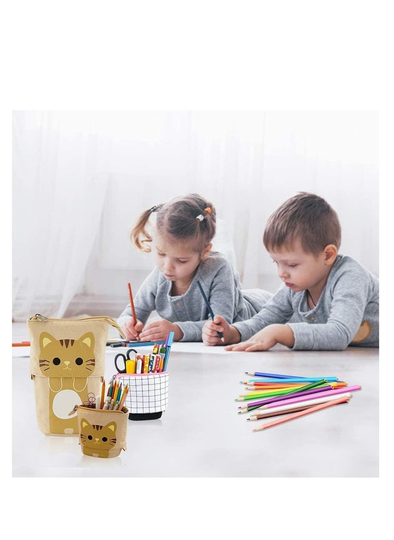ULHYC - Pencil Pouch Canvas Pen Bag Standing Stationery Case Holder Box, Cute Pencil Case Standing Telescopic Pen Holder College office Organizer for Student (Brown) - Image 1