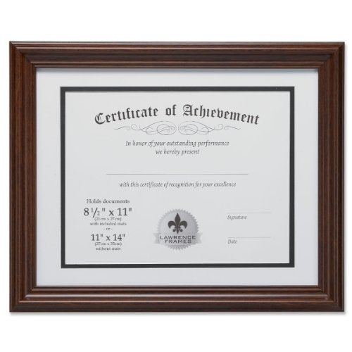 Lawrence Frames Dual Use 11 by 14-Inch Certificate Picture Frame with Double Bevel Cut Matting for 8.5 by 11-Inch Document, Walnut - Image 1