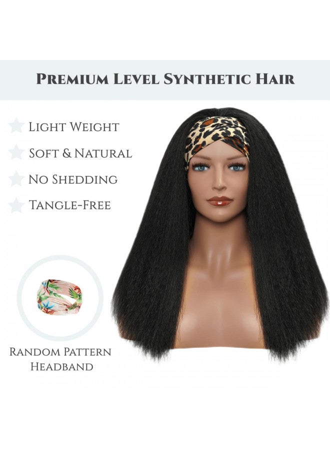 Aminow Kinky Straight Headband Wig, Soft & Natural as Human Hair, Glueless Headband Wigs for Black Women, Long Black Italian Yaki Synthetic Half Wig (1B Natural Black, 20 Inch) - Image 1