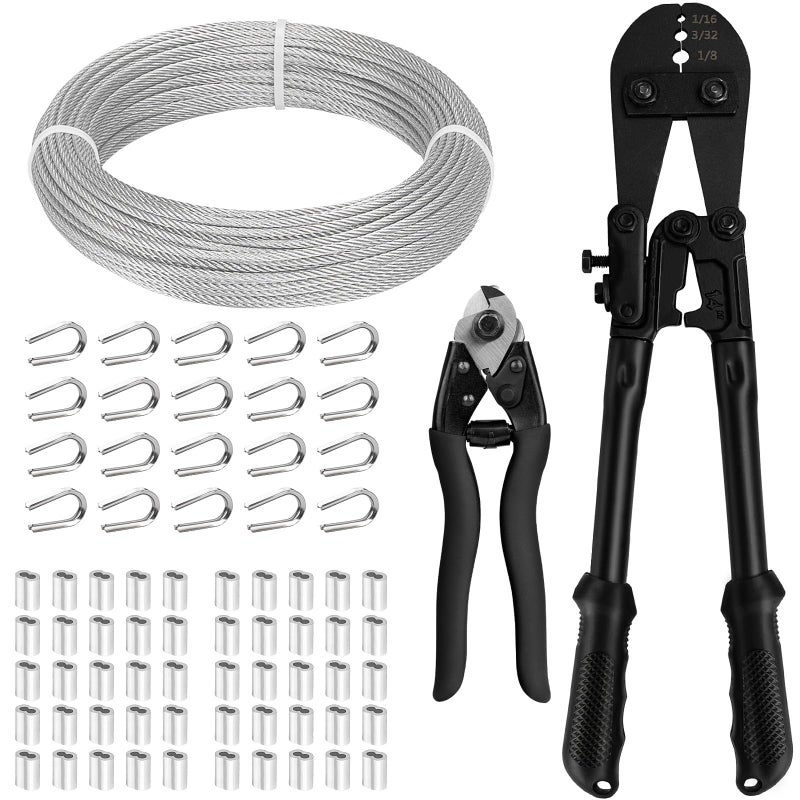 TooTaci 1/8 Stainless Steel Cable, 100ft 1/8 Wire Rope with Wire Rope Crimping Tool and Cutter, 7Ã—7 Strands Aircraft Cable for Deck Railing, Clothesline, Shade Sails, String Light - Image 1
