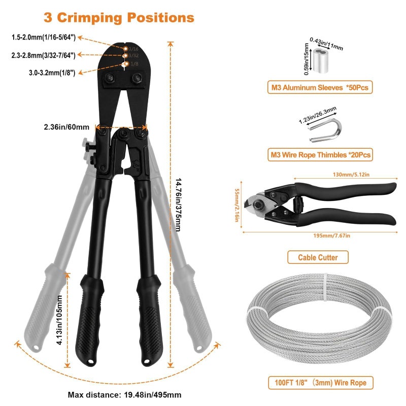 TooTaci 1/8 Stainless Steel Cable, 100ft 1/8 Wire Rope with Wire Rope Crimping Tool and Cutter, 7Ã—7 Strands Aircraft Cable for Deck Railing, Clothesline, Shade Sails, String Light - Image 2